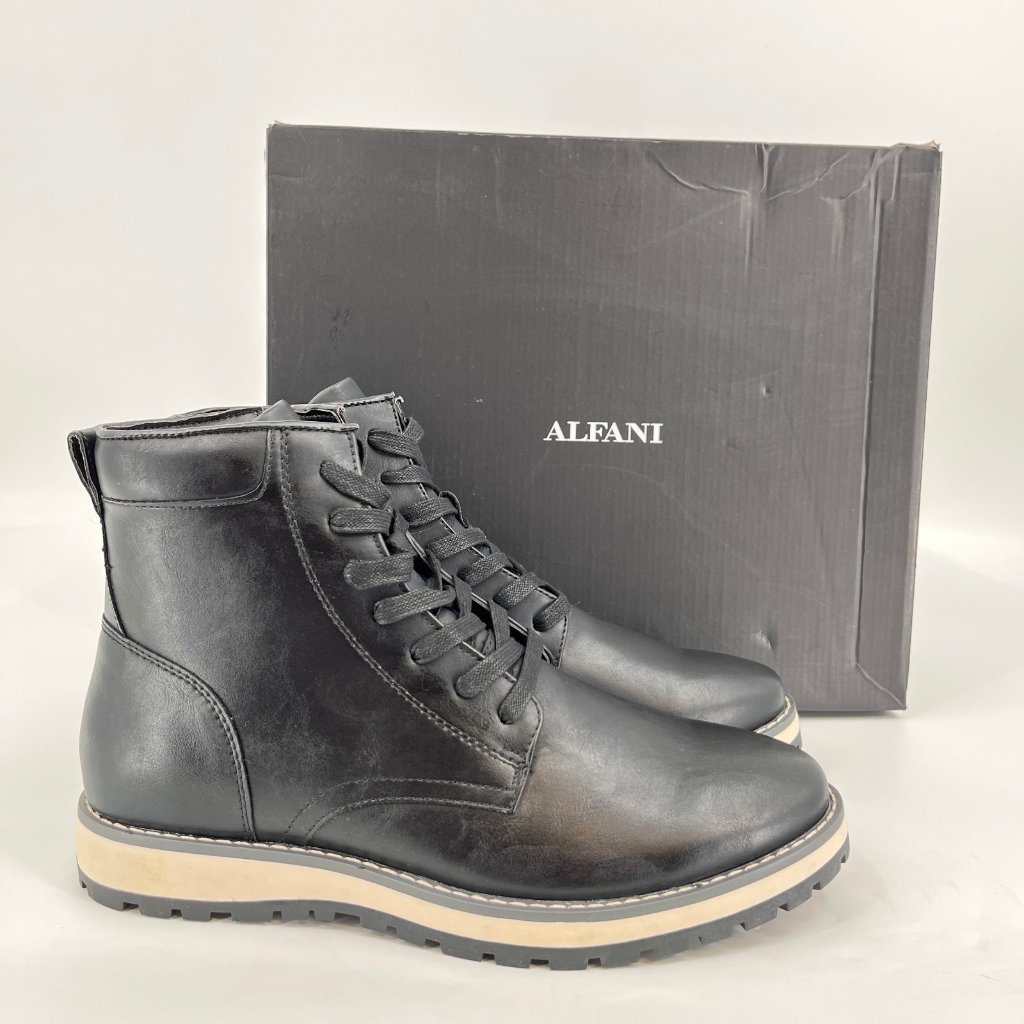 Alfani Andres Lace Up Boots Size 10m Black Faux Leather Memory Foam Ankle